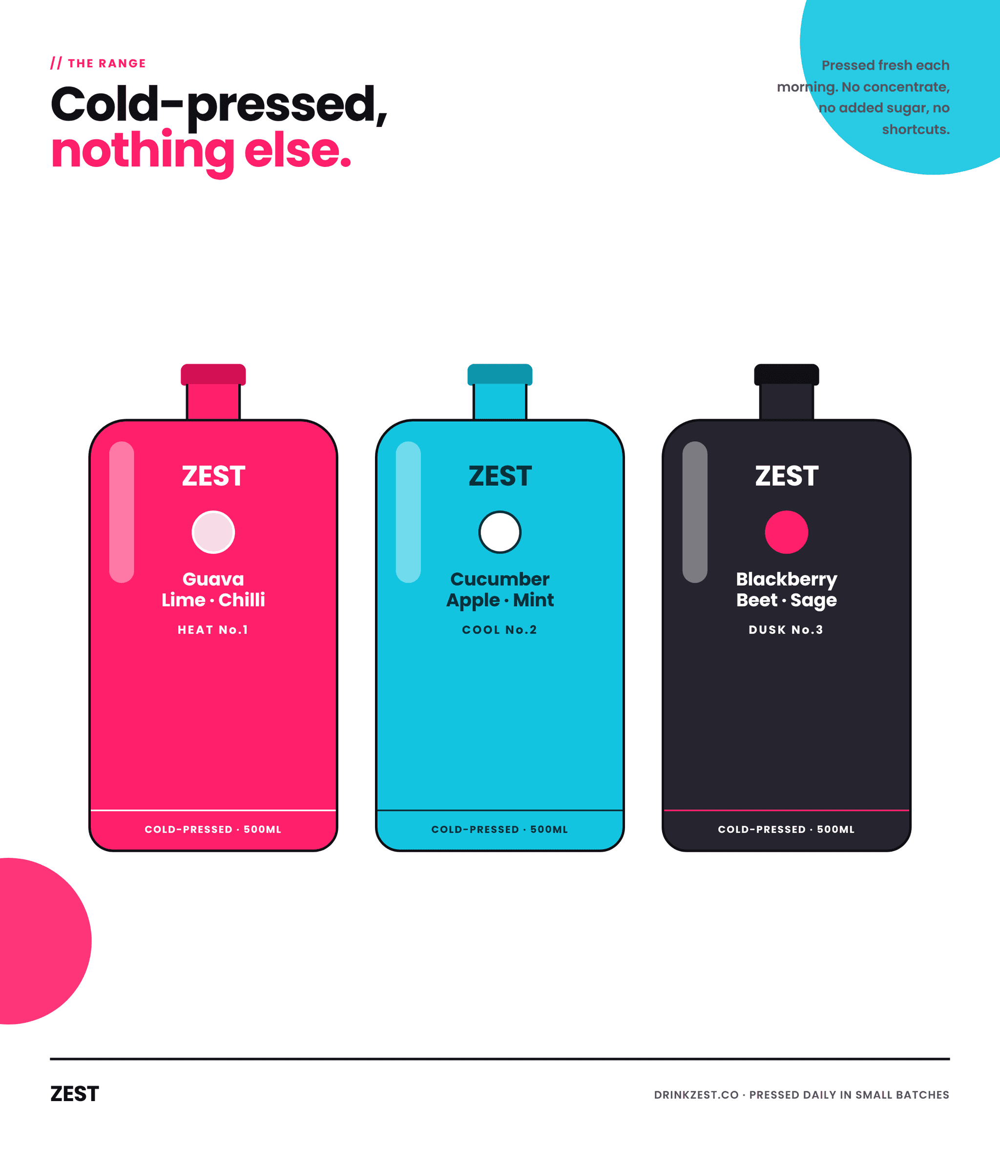 Zest — Loud, shelf-ready packaging for a cold-pressed juice range.