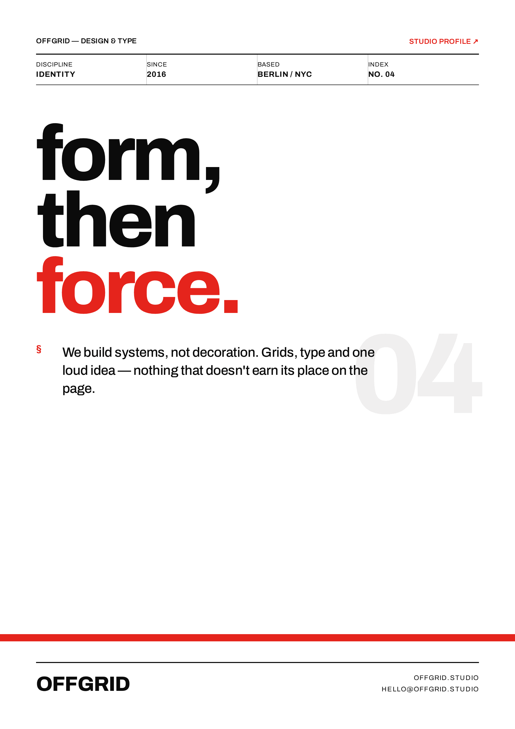 Offgrid — A strict, Swiss-inspired studio poster and wordmark.